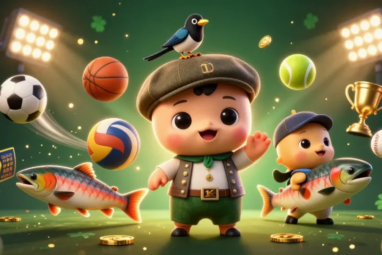 SUNWIN captures winning action with cartoon baby Nessie and friends amid festive sports elements
