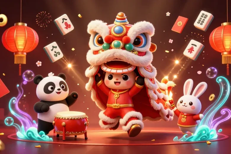 Engage with the 66b casino experience featuring a dynamic lion dance surrounded by exciting game elements.