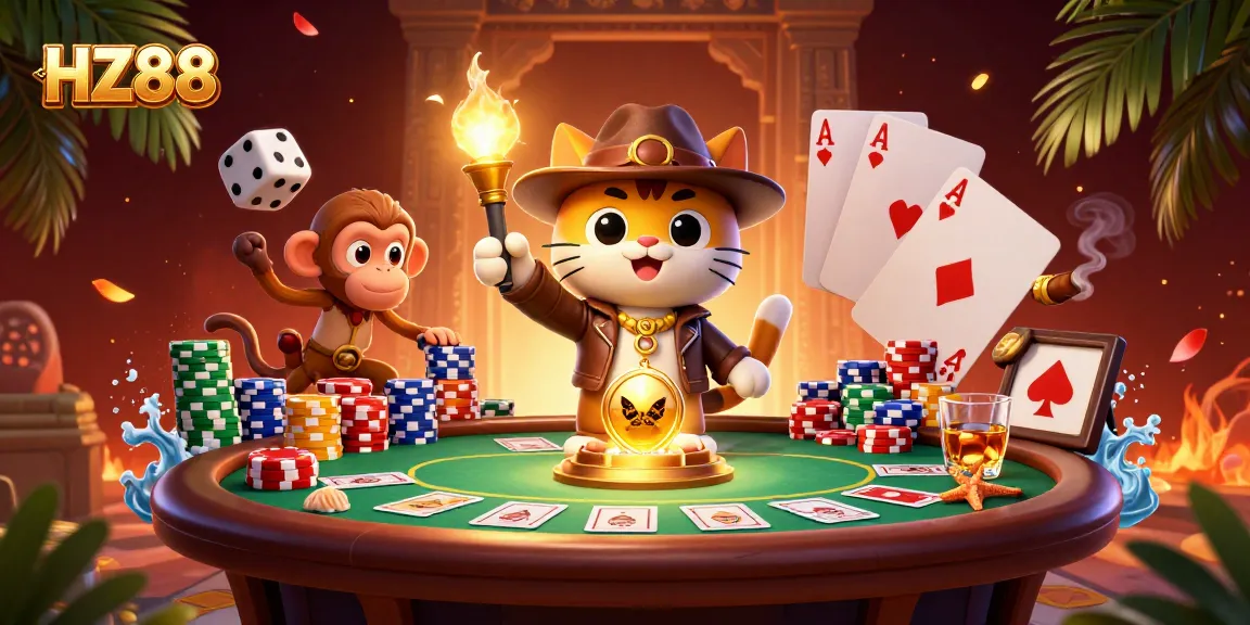 Experience HZ88's thrilling adventure with a cat explorer revealing casino treasures in a dynamic temple scene.