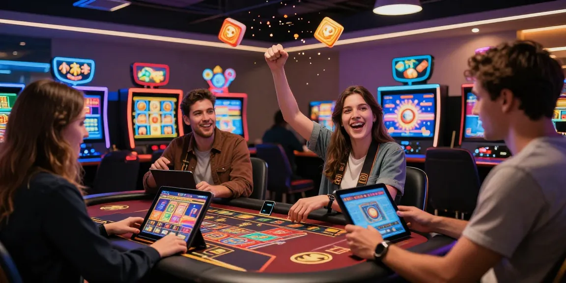 Casino en ligne avec des joueurs célébrant des gains dans une ambiance animée et colorée.