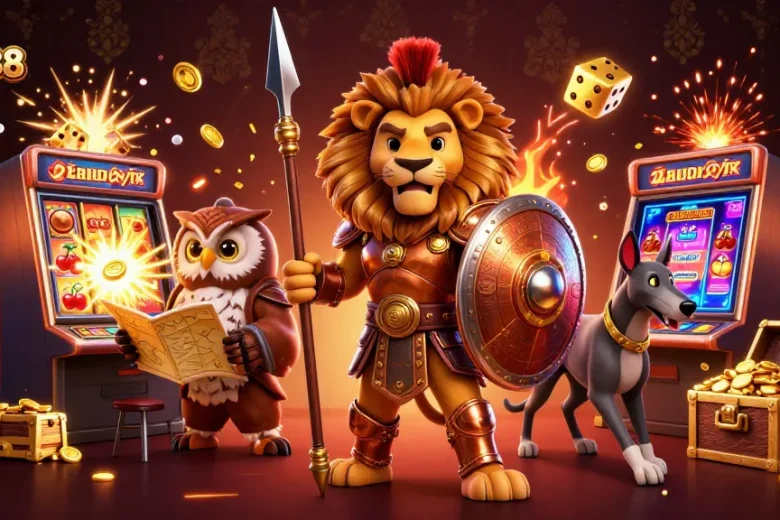 Experience the excitement of FIVE88 with our vibrant 3D casino illustration showcasing slots, symbols, and dynamic characters.