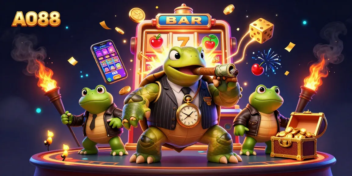 Experience the excitement of AO88 with a vivid illustration of a snapping turtle mobster and casino elements.