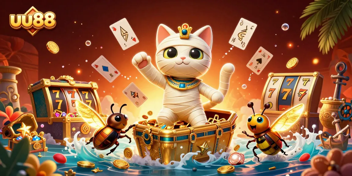 Engage with uu88 casino adventures featuring a mummy cat and glowing scarab in an exotic pyramid.