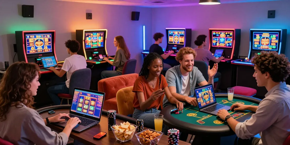 Scène de casino en ligne avec des amis s'amusant sur des jeux, ambiance lumineuse colorée.