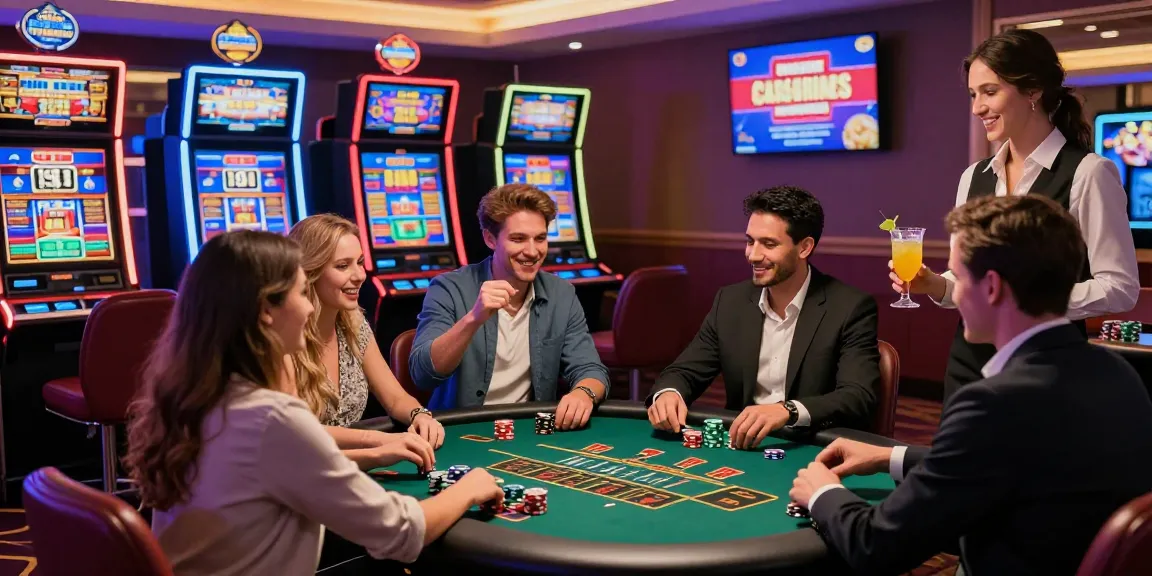 Groupe d'amis profitant d'une soirée au casino en ligne, ambiance festive avec des jeux de cartes et des machines à sous.