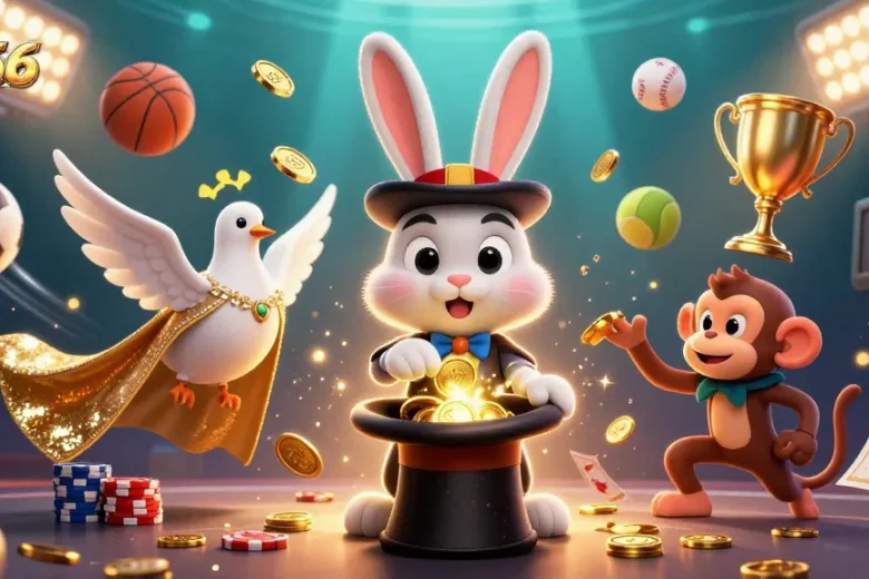 Engage with pg66's vibrant gaming world as a magician rabbit conjures coins amidst playful gambling elements.