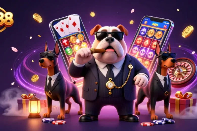 Ku88 casino scene featuring a mafia bulldog and Dobermans with gaming elements