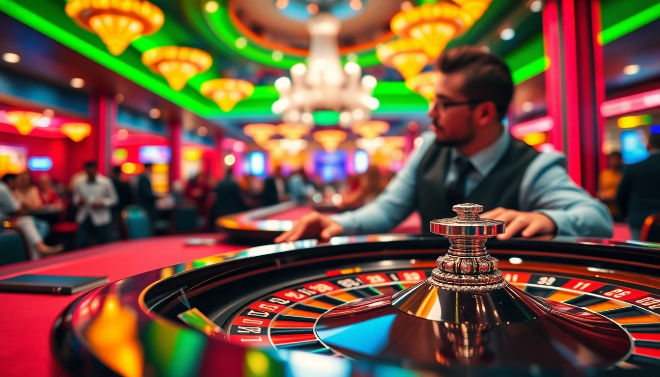 Vibrant casino en ligne experience with roulette and guests enjoying a thrilling atmosphere.
