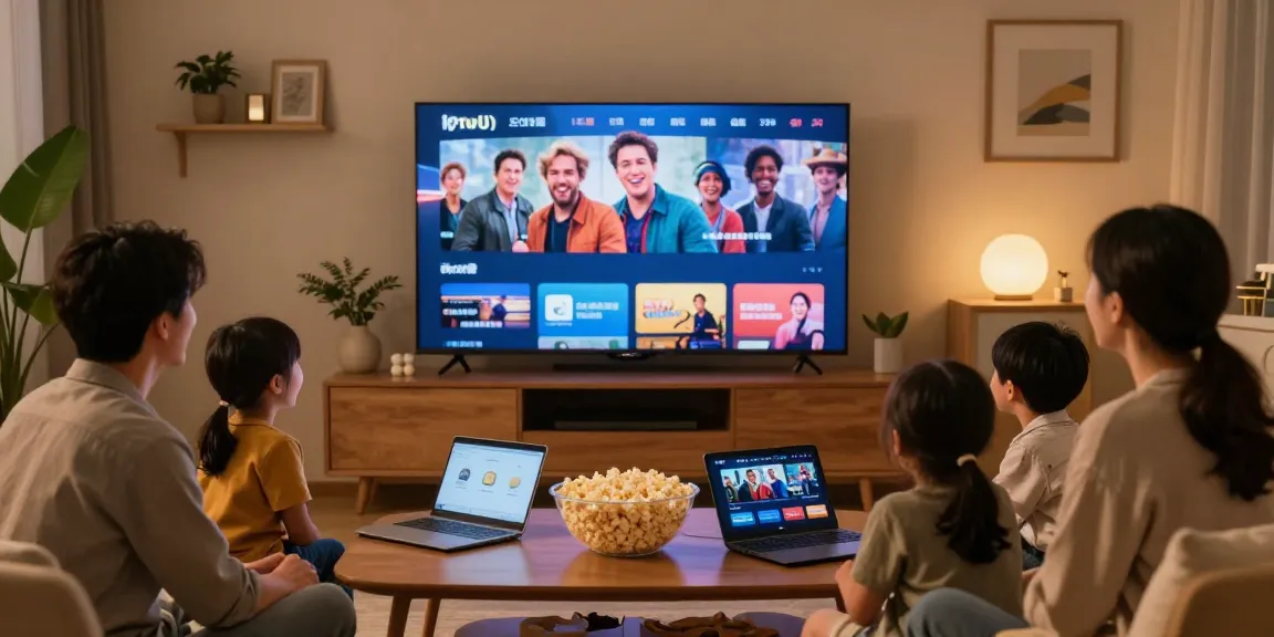 Famille profitant d'un abonnement IPTV sur grand écran tout en partageant des moments de joie ensemble dans un salon moderne.