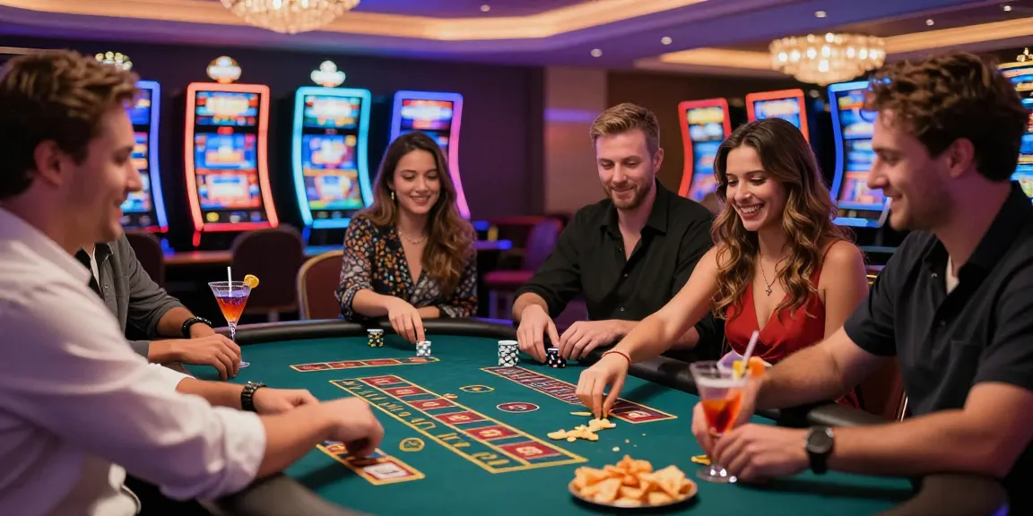 Ambiance captivante d'un casino en ligne avec joueurs à une table de blackjack, lumières vives et machines à sous colorées en arrière-plan, ambiance festive et luxueuse.