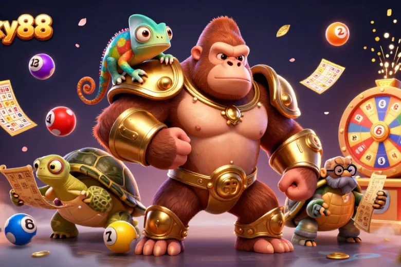 Engage with Lucky88, where the gorilla king and his friends celebrate lottery excitement amidst colorful game elements.