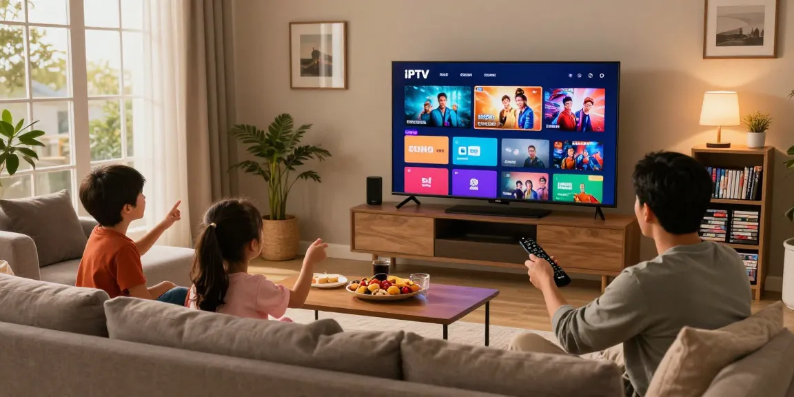 Famille profitant de leur abonnement IPTV dans un salon moderne, écran de télévision rempli de contenu coloré.