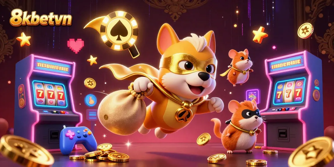 Experience the thrill of online gaming with 8kbetvn featuring a superhero dog and vibrant casino elements.