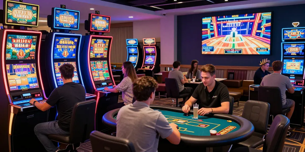 Ambiance de casino en ligne avec des joueurs engagés, machines à sous colorées et tables de croupiers, créant une atmosphère excitante.