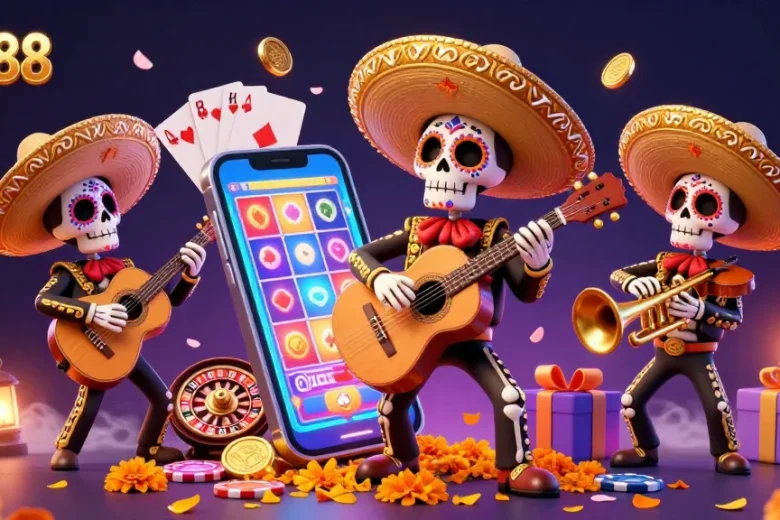 SIN88 showcases a vibrant mariachi band celebrating with engaging casino elements, highlighting festive gaming excitement.