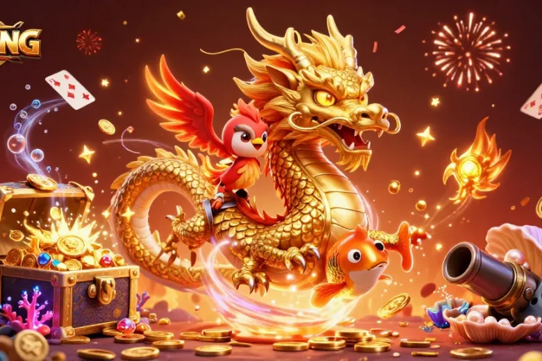 Engage with thrilling games at 79KING, featuring vibrant dragons, coins, and celebratory elements.
