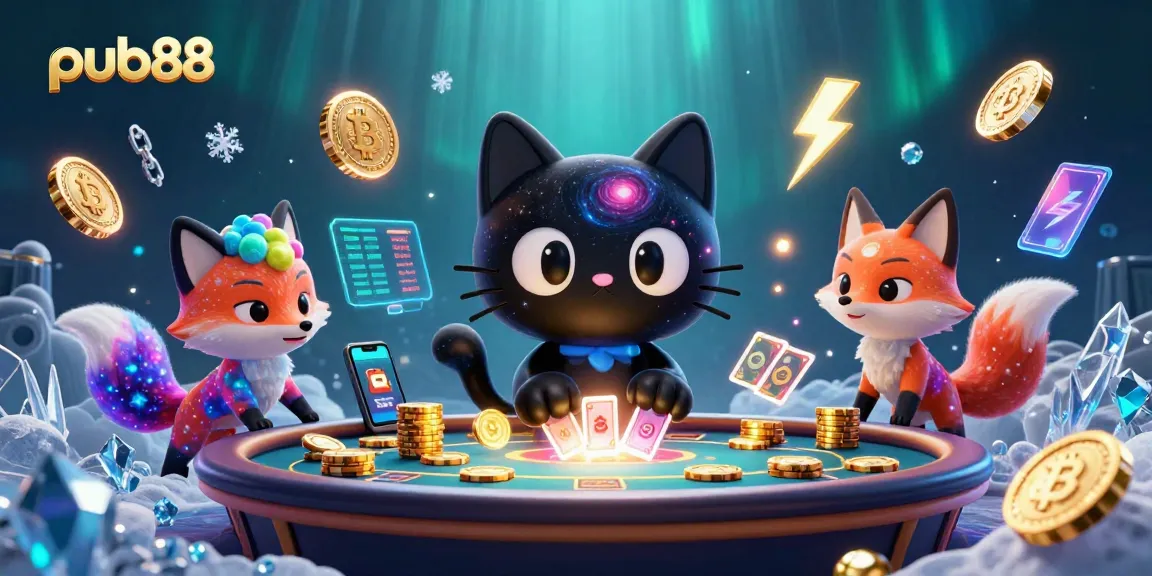 Experience exciting gameplay at Pub88 with a cosmic cat and nebula fox amidst dazzling crypto elements.