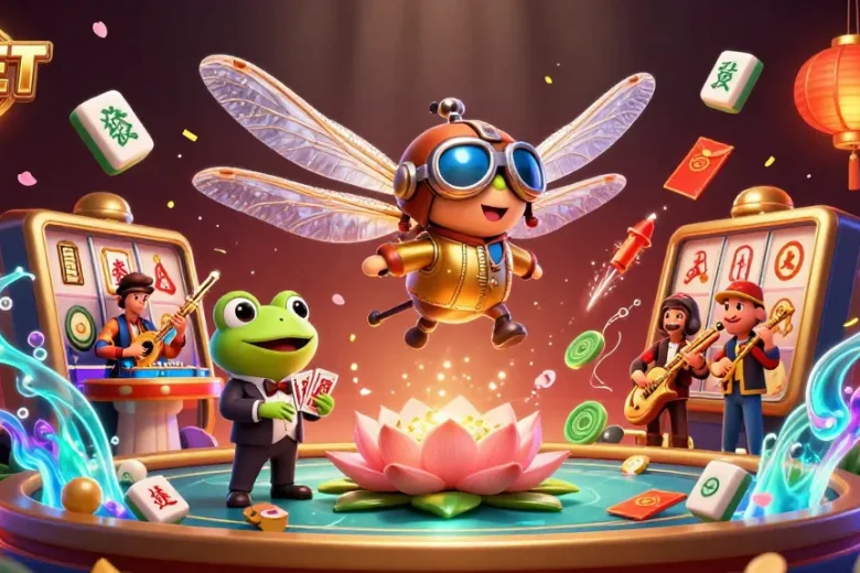ZBET's vibrant casino scene featuring a dragonfly pilot, frog croupier, and jazz musicians creating winning energy.