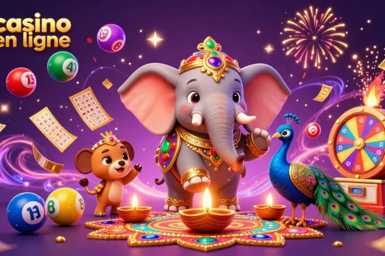 Jouez sur un casino en ligne avec un éléphant coloré et des éléments de loterie dynamiques.