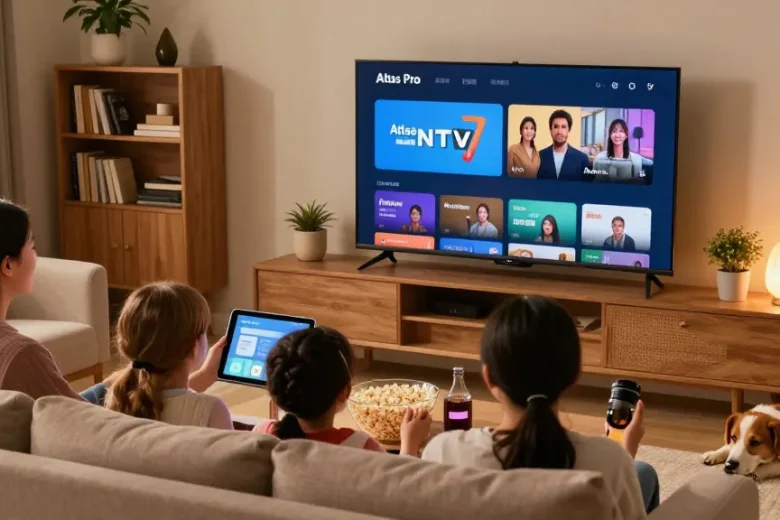 Profitez de l'application Atlas Pro ONTV en famille dans votre salon moderne.