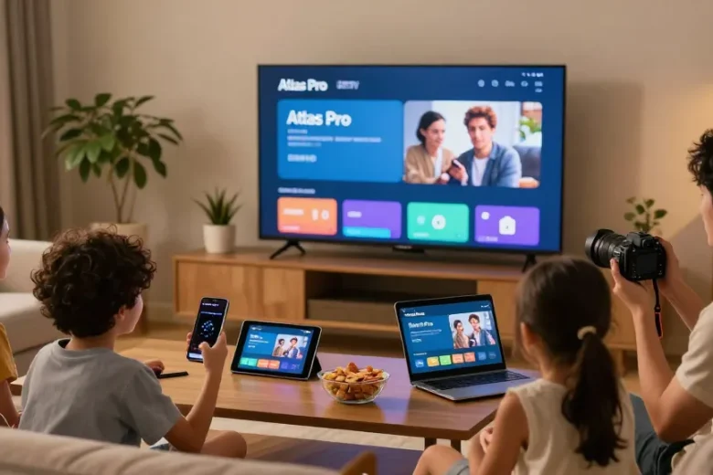 Atlas pro ontv : famille profitant de chaînes TV en streaming dans un salon chaleureux.